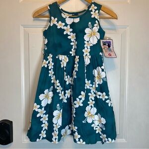 Hilo Hattie Sleeveless Knee Length Girls 7 Dress JadeGreen White Floral Hawaiian